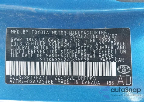 2007 Toyota Matrix Xr из США, поврежденный, VIN 2T1KR32E27C675938